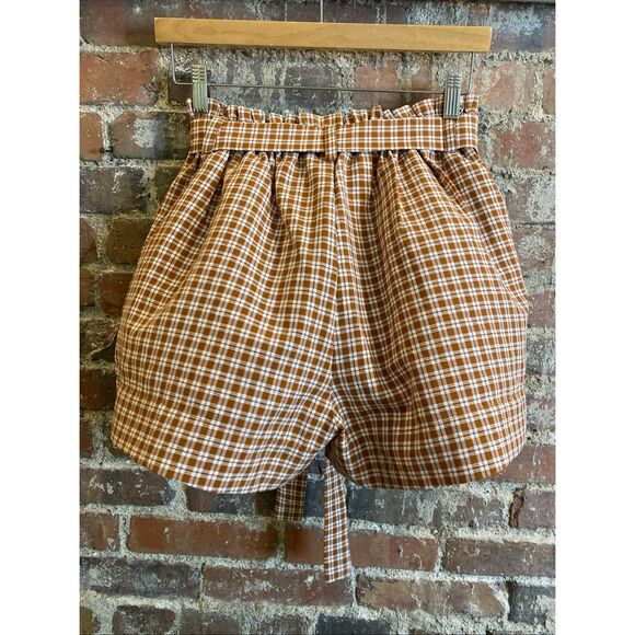 LOTTIE MOSS • Burnt Orange Brown/White Plaid High Waist Belted Paper Bag Shorts - Picture 6 of 11